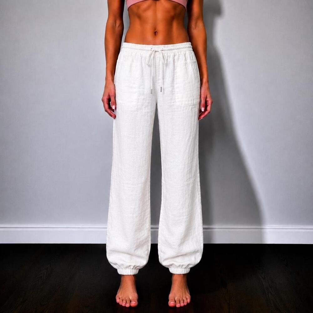 Athleta 100% Linen White Drawstring Coastal Beachy Jogger Pants Size 12 Large